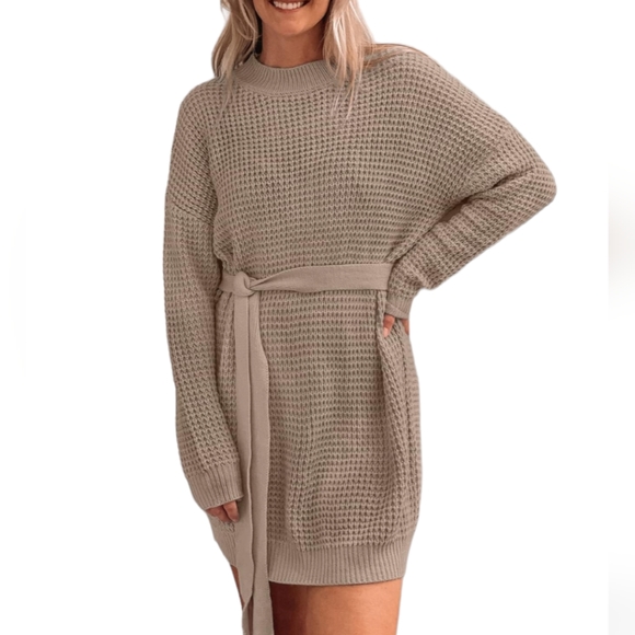 zcsia Dresses & Skirts - NWT ZCSIA Chunky Knit Belted Sweater Dress Tan